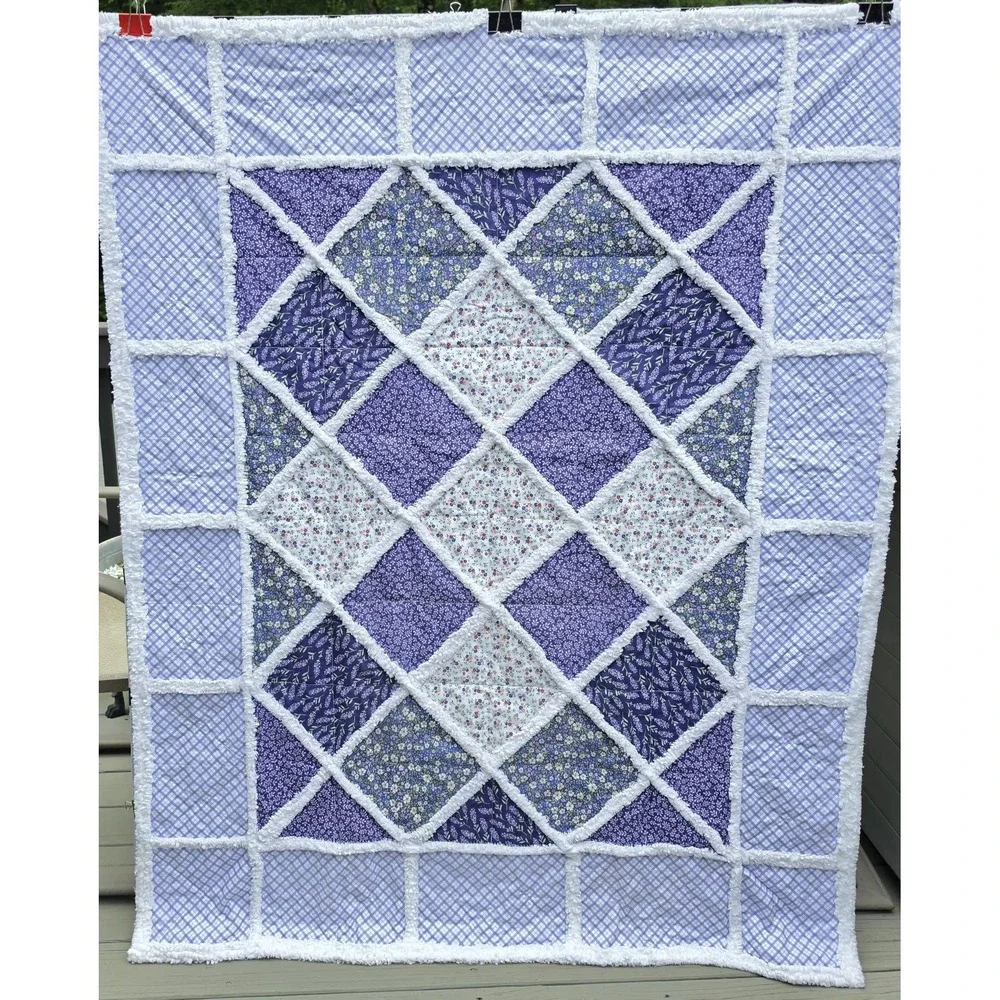 Handmade Lavender Dream Rag Quilt Throw-Floral‎ design and Purple Gingham-- NEW